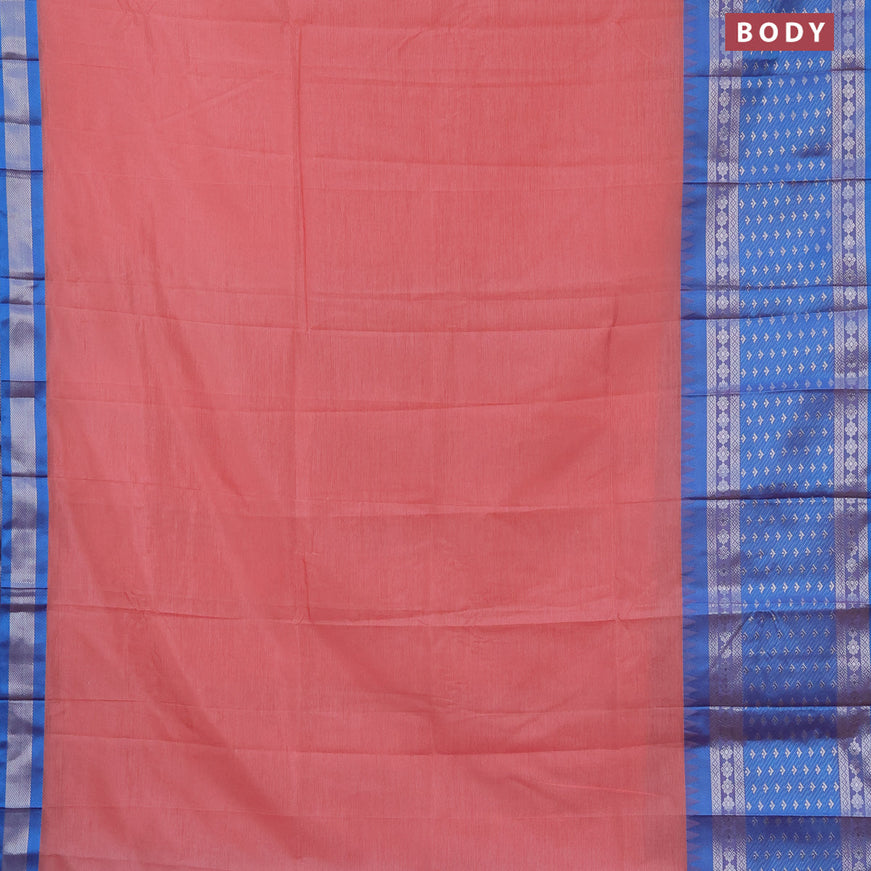 Semi mangalgiri silk saree peach pink and cs blue with plain body and long temple design silver zari woven border