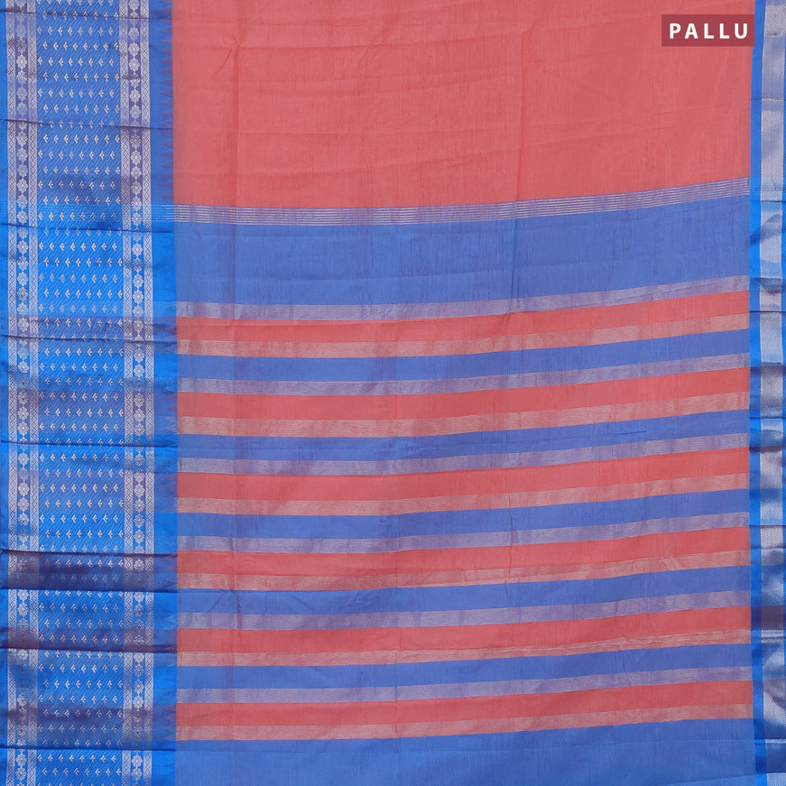 Semi mangalgiri silk saree peach pink and cs blue with plain body and long temple design silver zari woven border