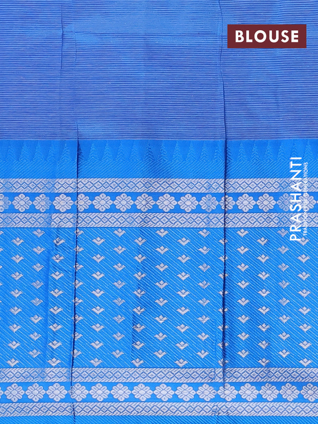 Semi mangalgiri silk saree peach pink and cs blue with plain body and long temple design silver zari woven border