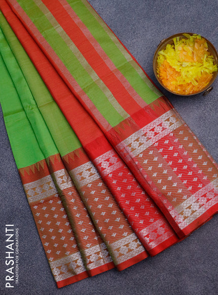 Semi mangalgiri silk saree dual shade of green and dual shade of pink with plain body and temple design long silver zari woven border