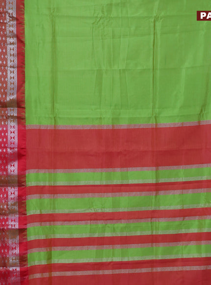 Semi mangalgiri silk saree dual shade of green and dual shade of pink with plain body and temple design long silver zari woven border