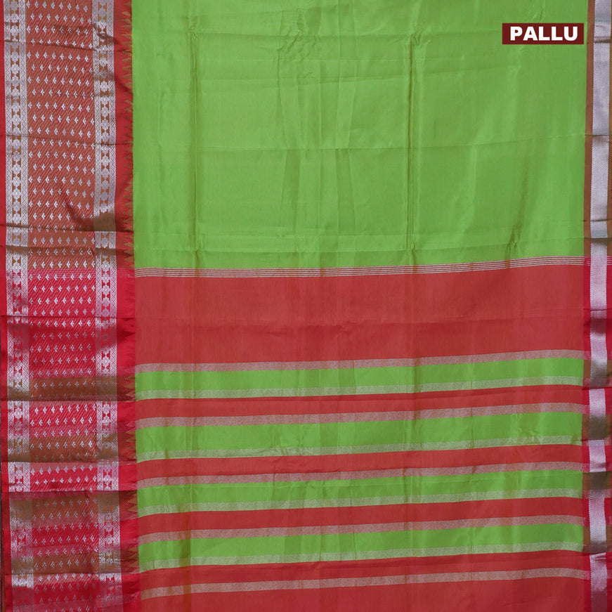 Semi mangalgiri silk saree dual shade of green and dual shade of pink with plain body and temple design long silver zari woven border