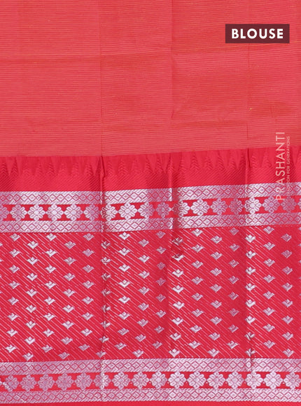 Semi mangalgiri silk saree dual shade of green and dual shade of pink with plain body and temple design long silver zari woven border