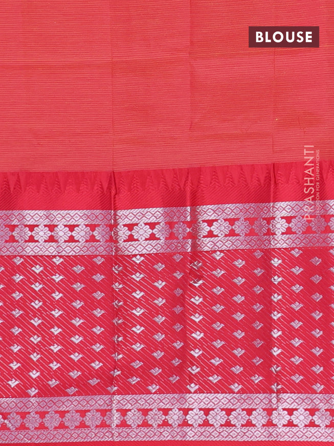 Semi mangalgiri silk saree dual shade of green and dual shade of pink with plain body and temple design long silver zari woven border