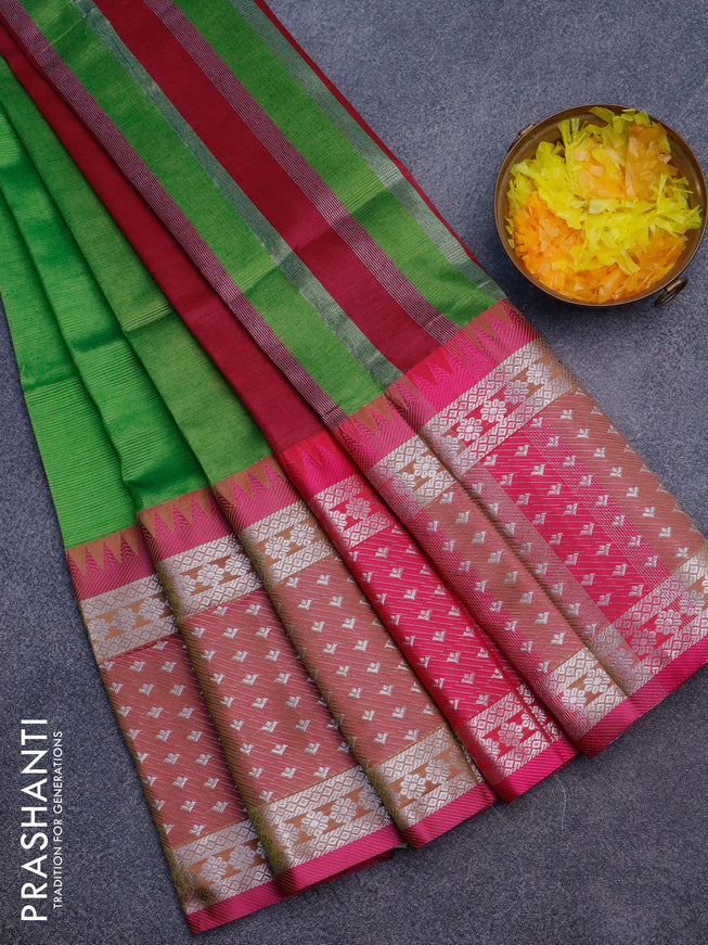 Semi mangalgiri silk saree green and dark pink with plain body and temple design long silver zari woven border