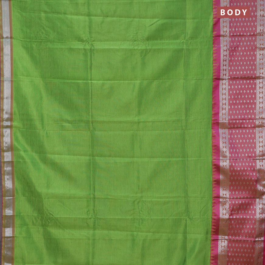 Semi mangalgiri silk saree green and dark pink with plain body and temple design long silver zari woven border