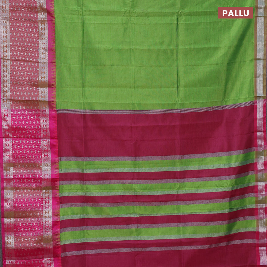 Semi mangalgiri silk saree green and dark pink with plain body and temple design long silver zari woven border