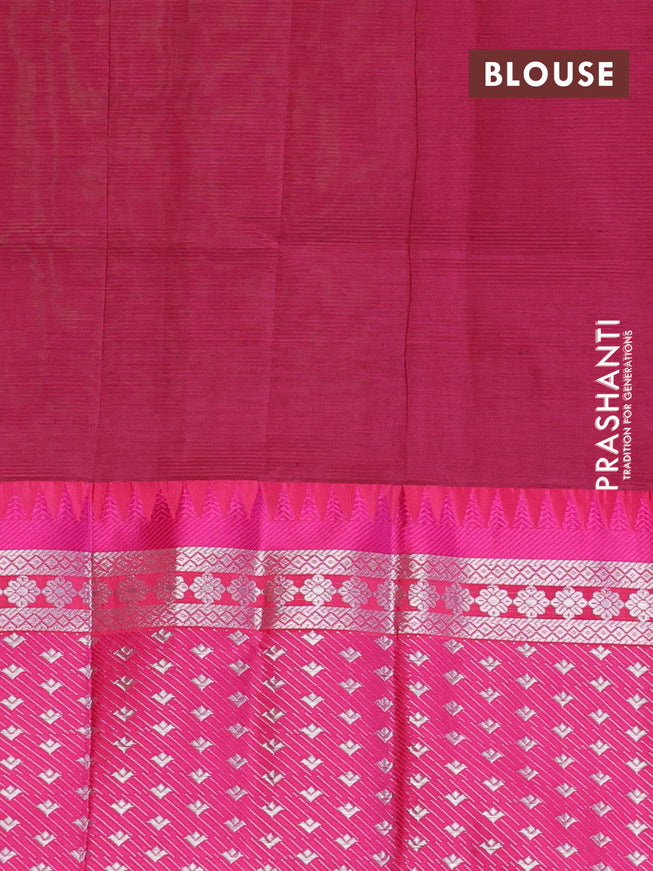 Semi mangalgiri silk saree green and dark pink with plain body and temple design long silver zari woven border