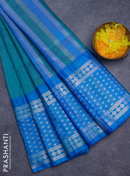 Semi mangalgiri silk saree teal green and blue with plain body and temple design long silver zari woven border