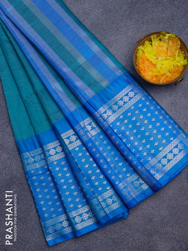 Semi mangalgiri silk saree teal green and blue with plain body and temple design long silver zari woven border