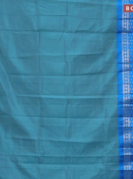 Semi mangalgiri silk saree teal green and blue with plain body and temple design long silver zari woven border