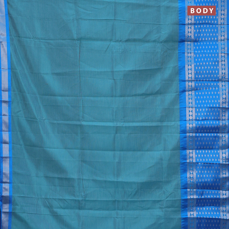 Semi mangalgiri silk saree teal green and blue with plain body and temple design long silver zari woven border