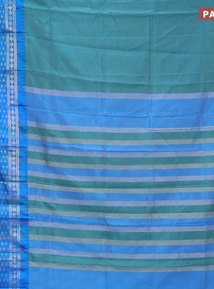 Semi mangalgiri silk saree teal green and blue with plain body and temple design long silver zari woven border