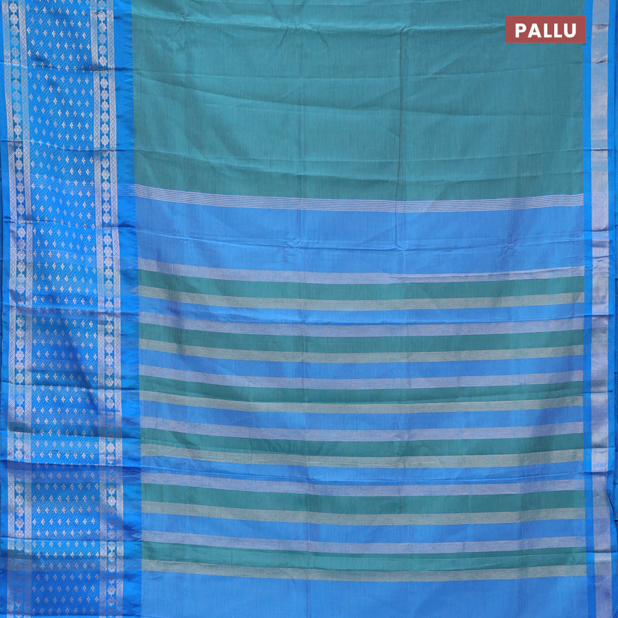 Semi mangalgiri silk saree teal green and blue with plain body and temple design long silver zari woven border