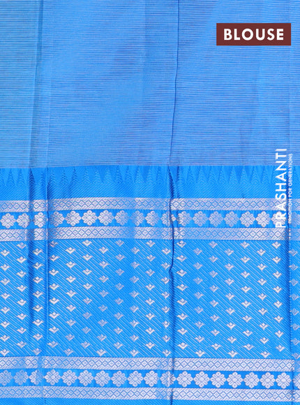 Semi mangalgiri silk saree teal green and blue with plain body and temple design long silver zari woven border