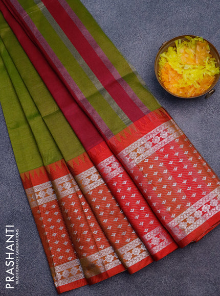 Semi mangalgiri silk saree sap green and dark pink with plain body and temple design long silver zari woven border