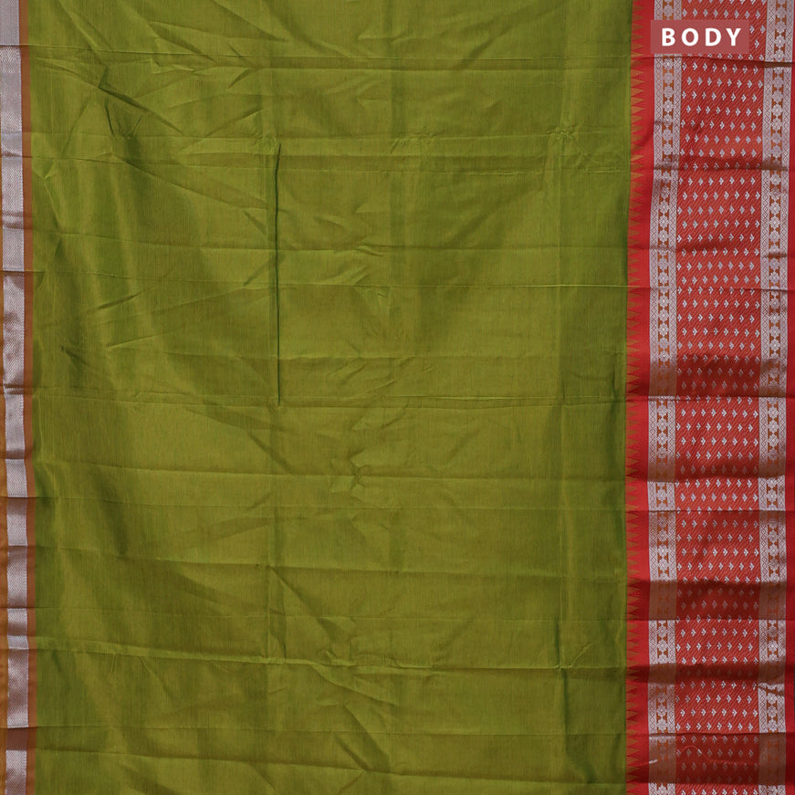 Semi mangalgiri silk saree sap green and dark pink with plain body and temple design long silver zari woven border