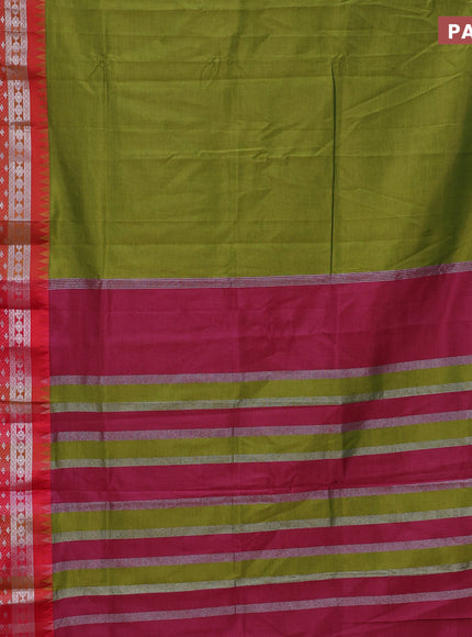 Semi mangalgiri silk saree sap green and dark pink with plain body and temple design long silver zari woven border