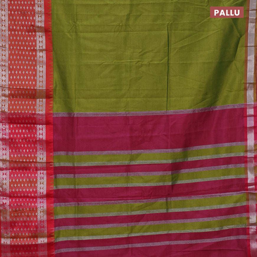 Semi mangalgiri silk saree sap green and dark pink with plain body and temple design long silver zari woven border