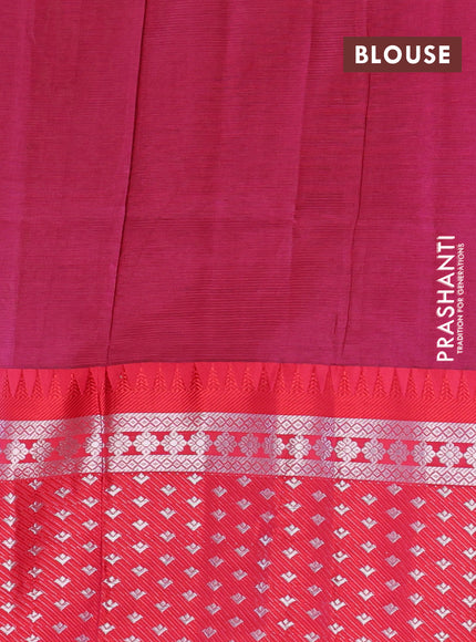 Semi mangalgiri silk saree sap green and dark pink with plain body and temple design long silver zari woven border