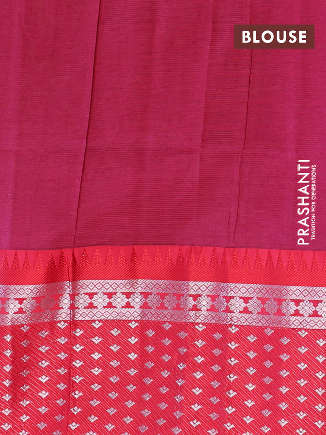 Semi mangalgiri silk saree sap green and dark pink with plain body and temple design long silver zari woven border