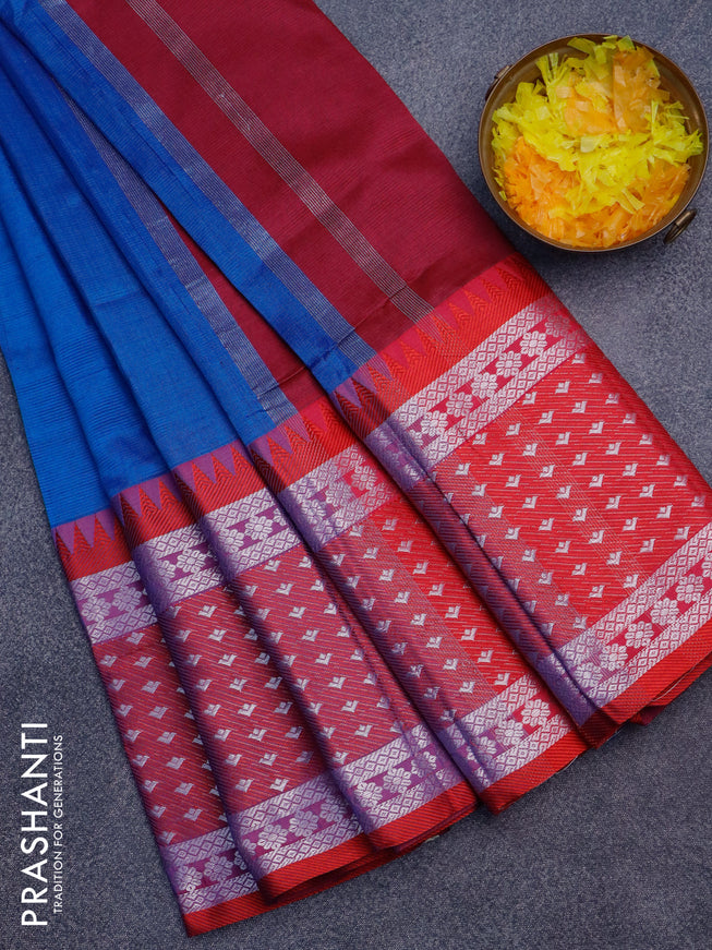 Semi mangalgiri silk saree cs blue and dark pink with plain body and temple design long silver zari woven border