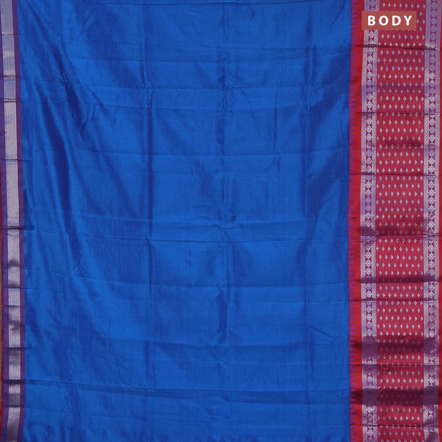 Semi mangalgiri silk saree cs blue and dark pink with plain body and temple design long silver zari woven border