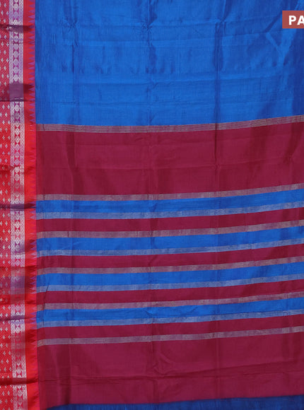 Semi mangalgiri silk saree cs blue and dark pink with plain body and temple design long silver zari woven border