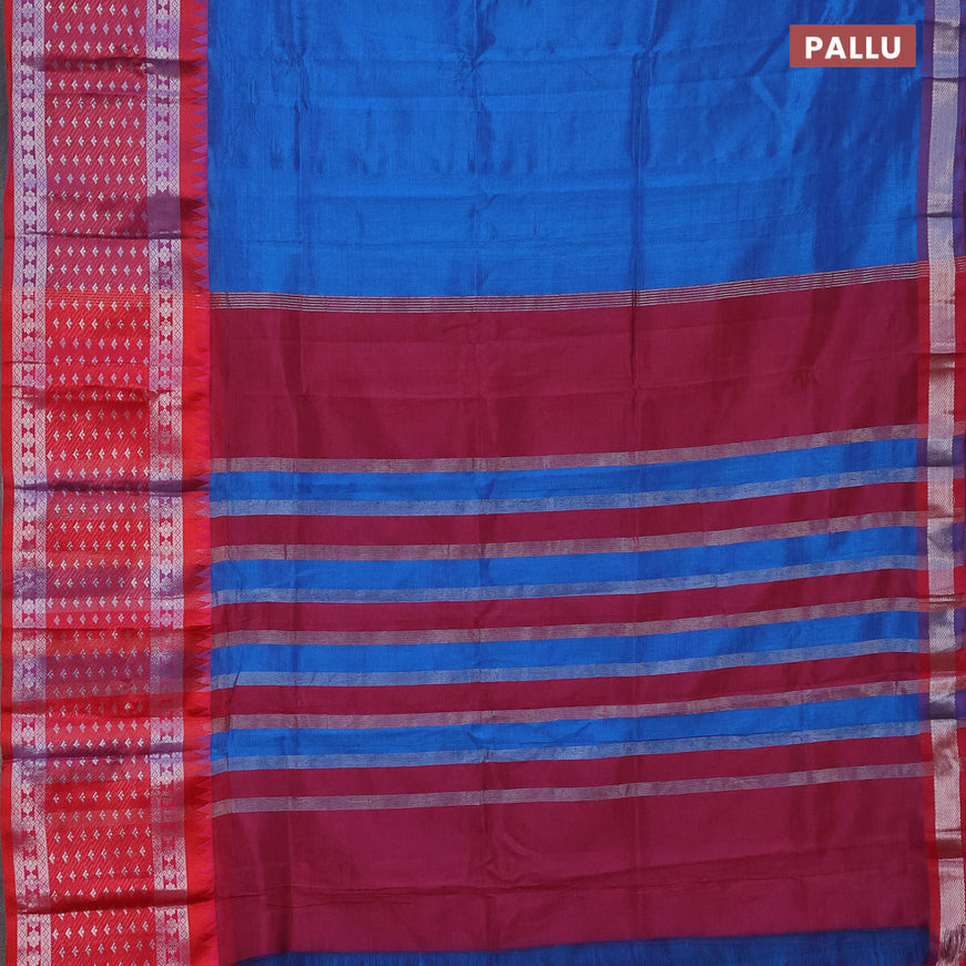 Semi mangalgiri silk saree cs blue and dark pink with plain body and temple design long silver zari woven border