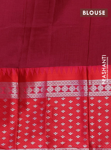 Semi mangalgiri silk saree cs blue and dark pink with plain body and temple design long silver zari woven border