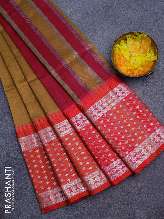 Semi mangalgiri silk saree brown and dark pink with plain body and temple design long silver zari woven border