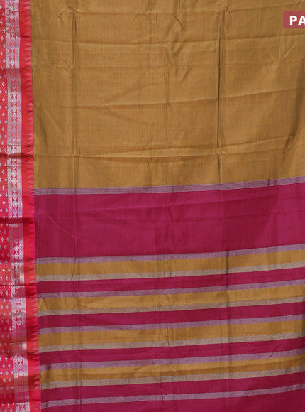 Semi mangalgiri silk saree brown and dark pink with plain body and temple design long silver zari woven border