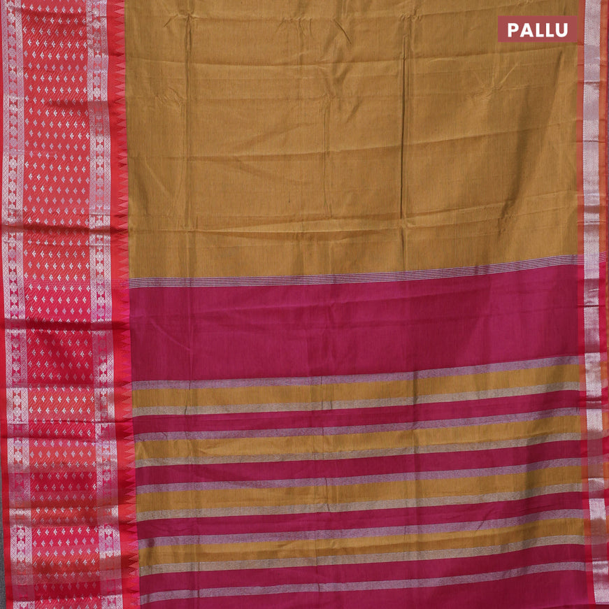 Semi mangalgiri silk saree brown and dark pink with plain body and temple design long silver zari woven border