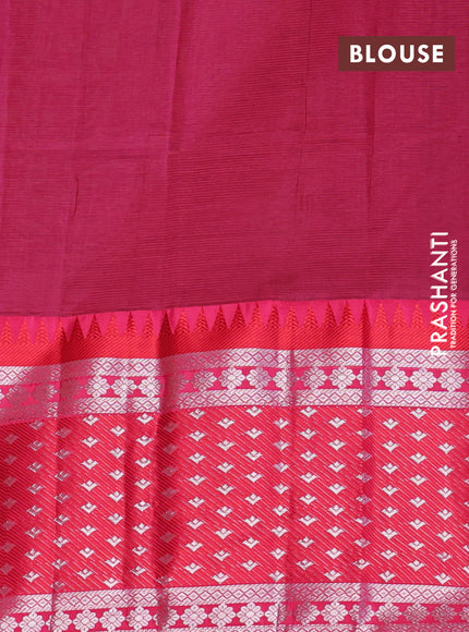 Semi mangalgiri silk saree brown and dark pink with plain body and temple design long silver zari woven border