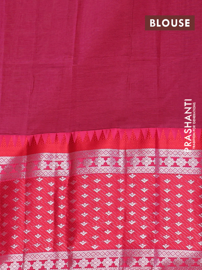 Semi mangalgiri silk saree brown and dark pink with plain body and temple design long silver zari woven border