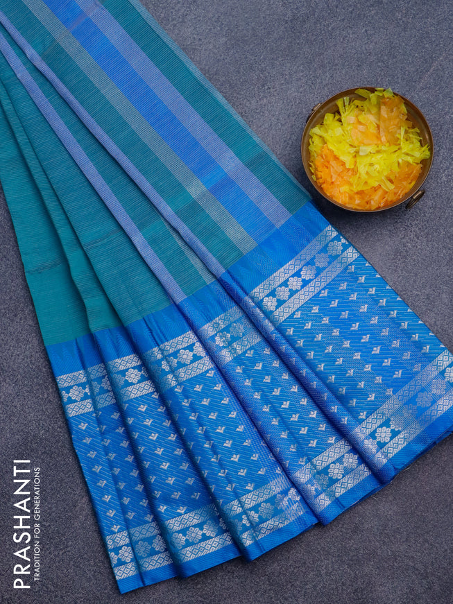 Semi mangalgiri silk saree teal green and cs blue with plain body and temple design long silver zari woven border