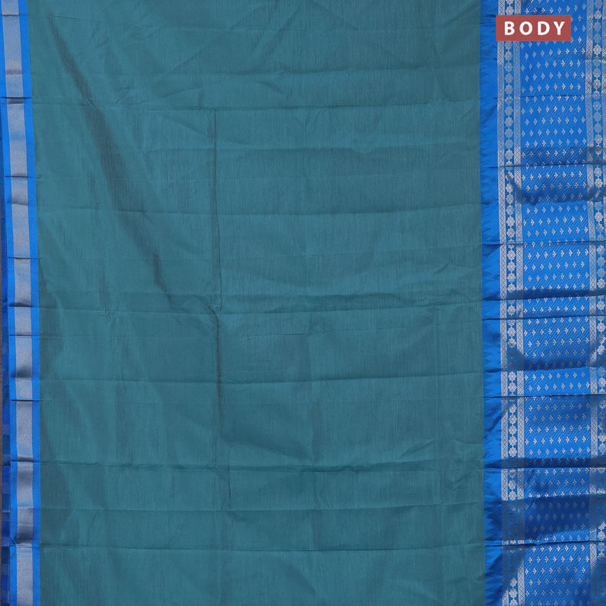 Semi mangalgiri silk saree teal green and cs blue with plain body and temple design long silver zari woven border