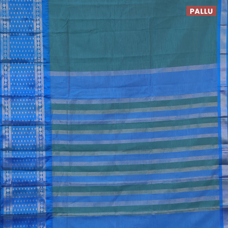 Semi mangalgiri silk saree teal green and cs blue with plain body and temple design long silver zari woven border