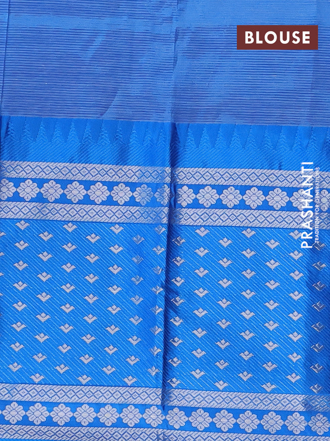 Semi mangalgiri silk saree teal green and cs blue with plain body and temple design long silver zari woven border