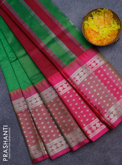 Semi mangalgiri silk saree green and pink with plain body and temple design long silver zari woven border