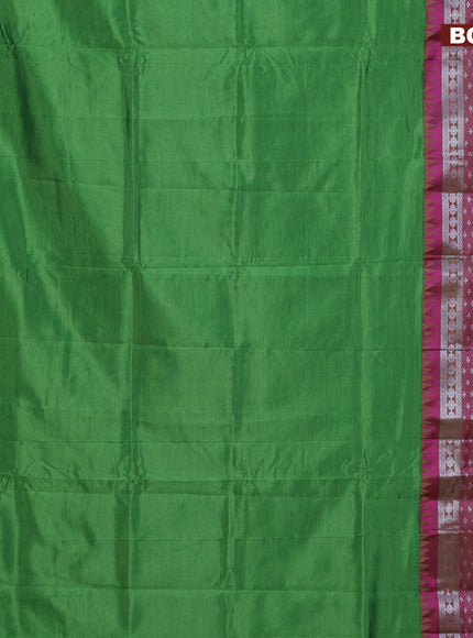 Semi mangalgiri silk saree green and pink with plain body and temple design long silver zari woven border