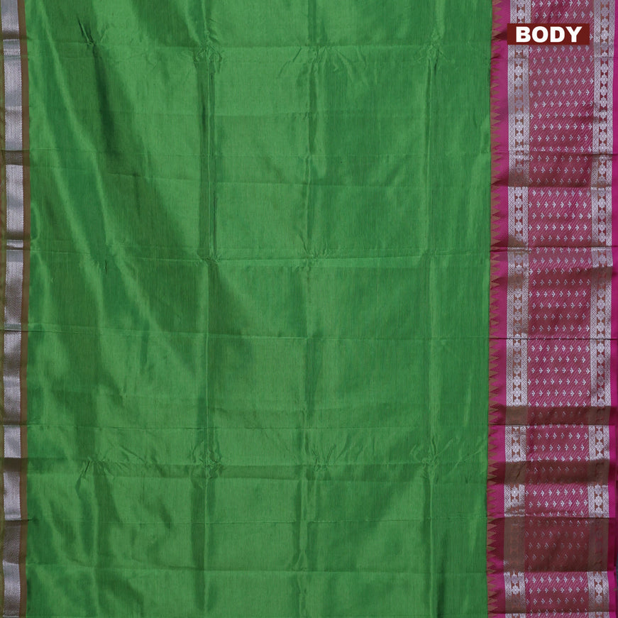 Semi mangalgiri silk saree green and pink with plain body and temple design long silver zari woven border