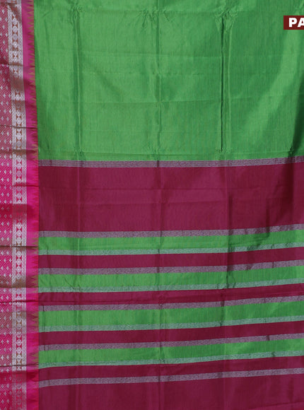 Semi mangalgiri silk saree green and pink with plain body and temple design long silver zari woven border