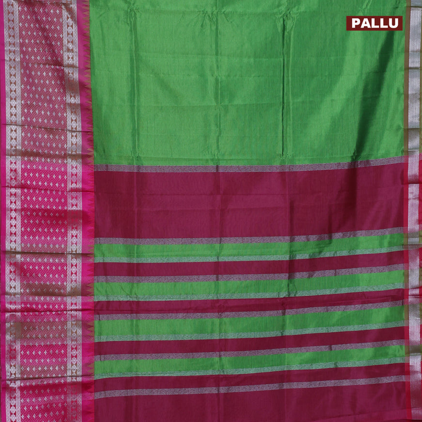 Semi mangalgiri silk saree green and pink with plain body and temple design long silver zari woven border