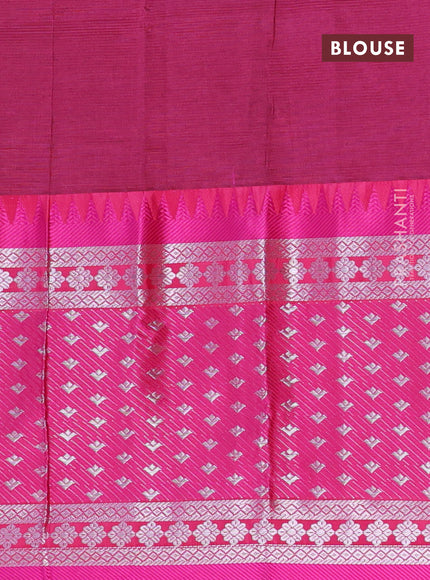 Semi mangalgiri silk saree green and pink with plain body and temple design long silver zari woven border