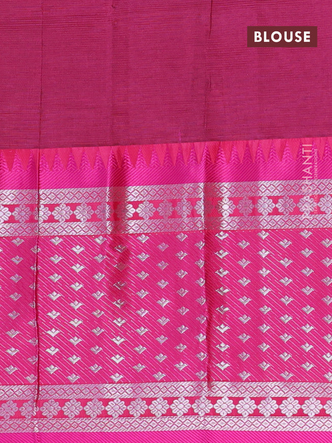 Semi mangalgiri silk saree green and pink with plain body and temple design long silver zari woven border