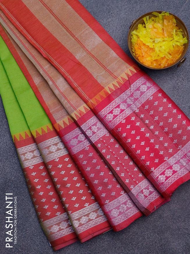 Semi mangalgiri silk saree light green and pink with plain body and temple design long silver zari woven border