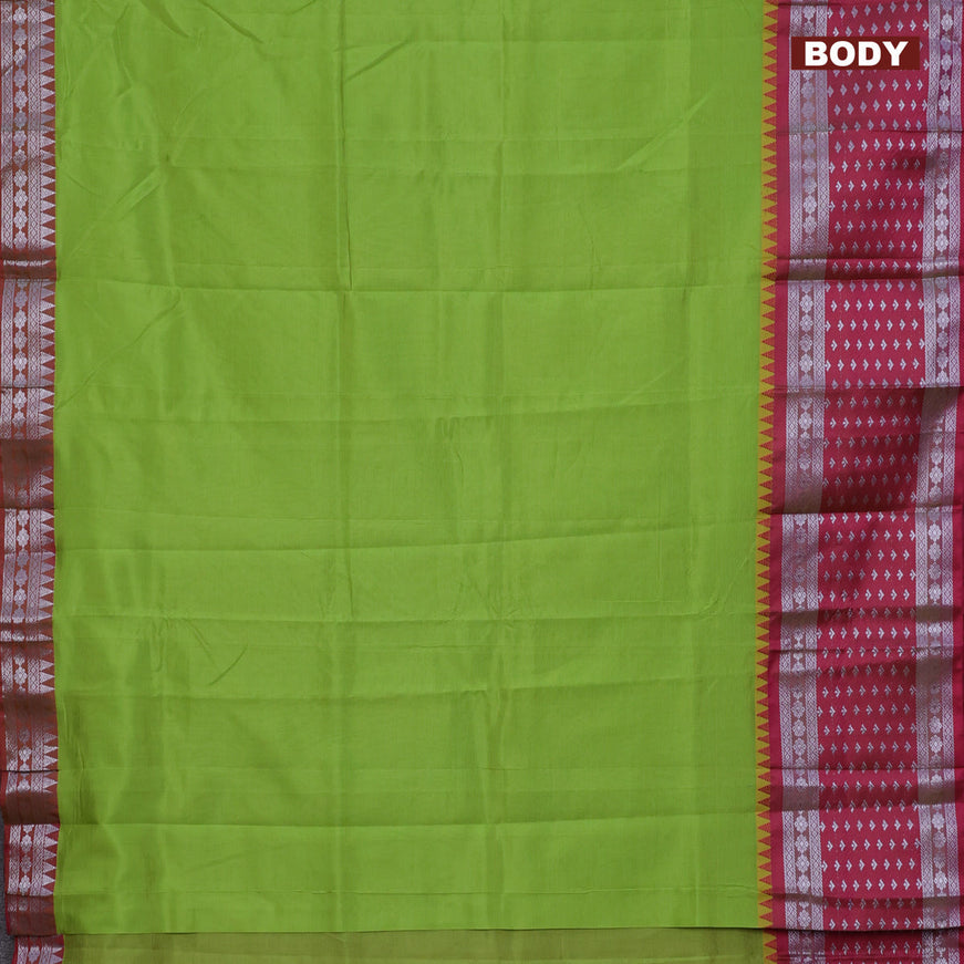 Semi mangalgiri silk saree light green and pink with plain body and temple design long silver zari woven border