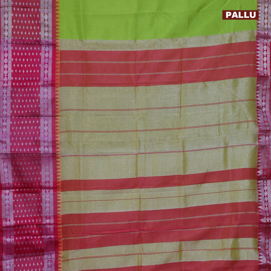 Semi mangalgiri silk saree light green and pink with plain body and temple design long silver zari woven border