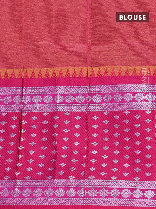 Semi mangalgiri silk saree light green and pink with plain body and temple design long silver zari woven border